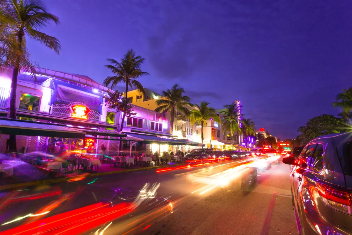 Miami Beach iconic South Beach Art Deco covered in Neon at Night. A must do must see event